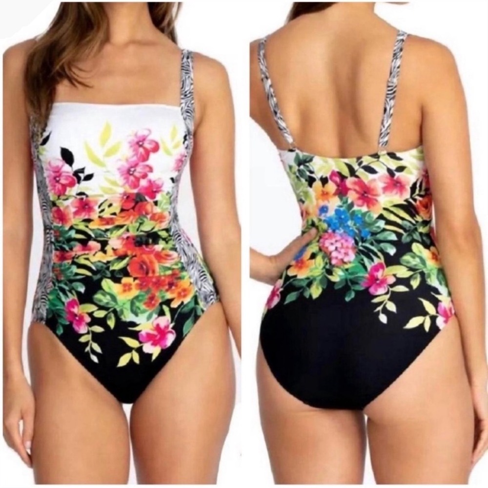 Johnny Was California Floral Zebra Ruched One Piece Swimsuit Multicolor Medium